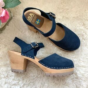 NEW MIA Free People Abba Swedish Blue Suede Leather Wooden Clog NWOB EU40 US 9.5